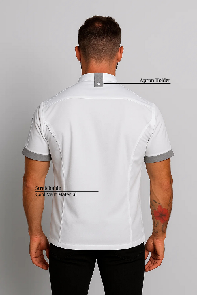 Bryan Chef jacket white with grey trim and coolvent - Ace Chef Apparels