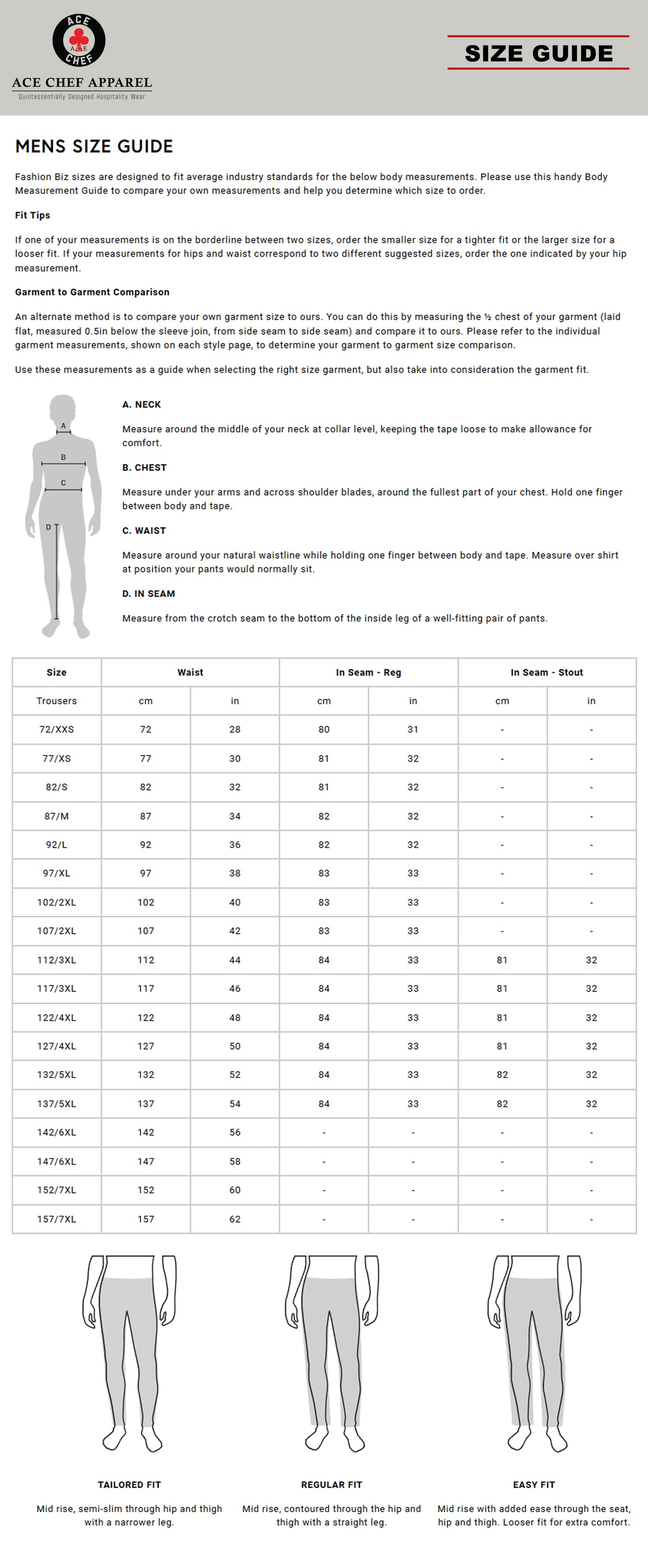 Mens Comfort Waist Cargo Pant size guide