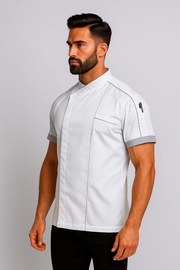 Bryan Chef jacket white with grey trim and coolvent - Ace Chef Apparels