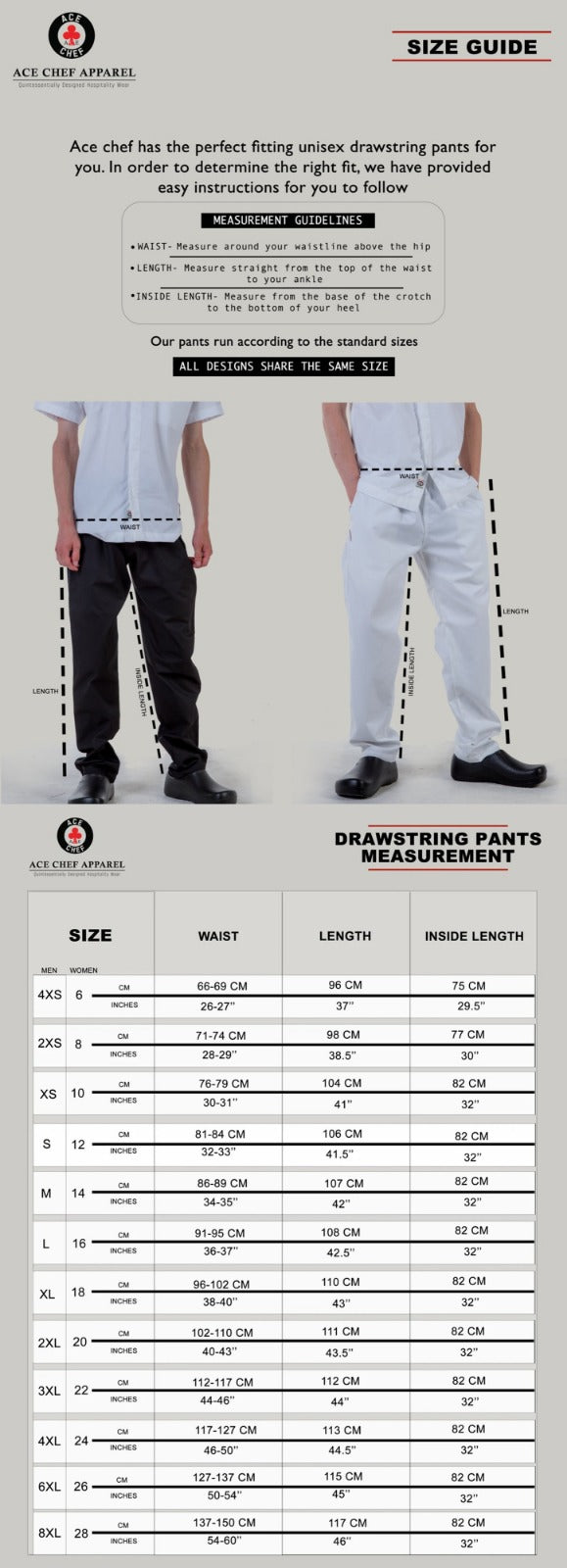 Drawstring Checkered Chef Pants size guide