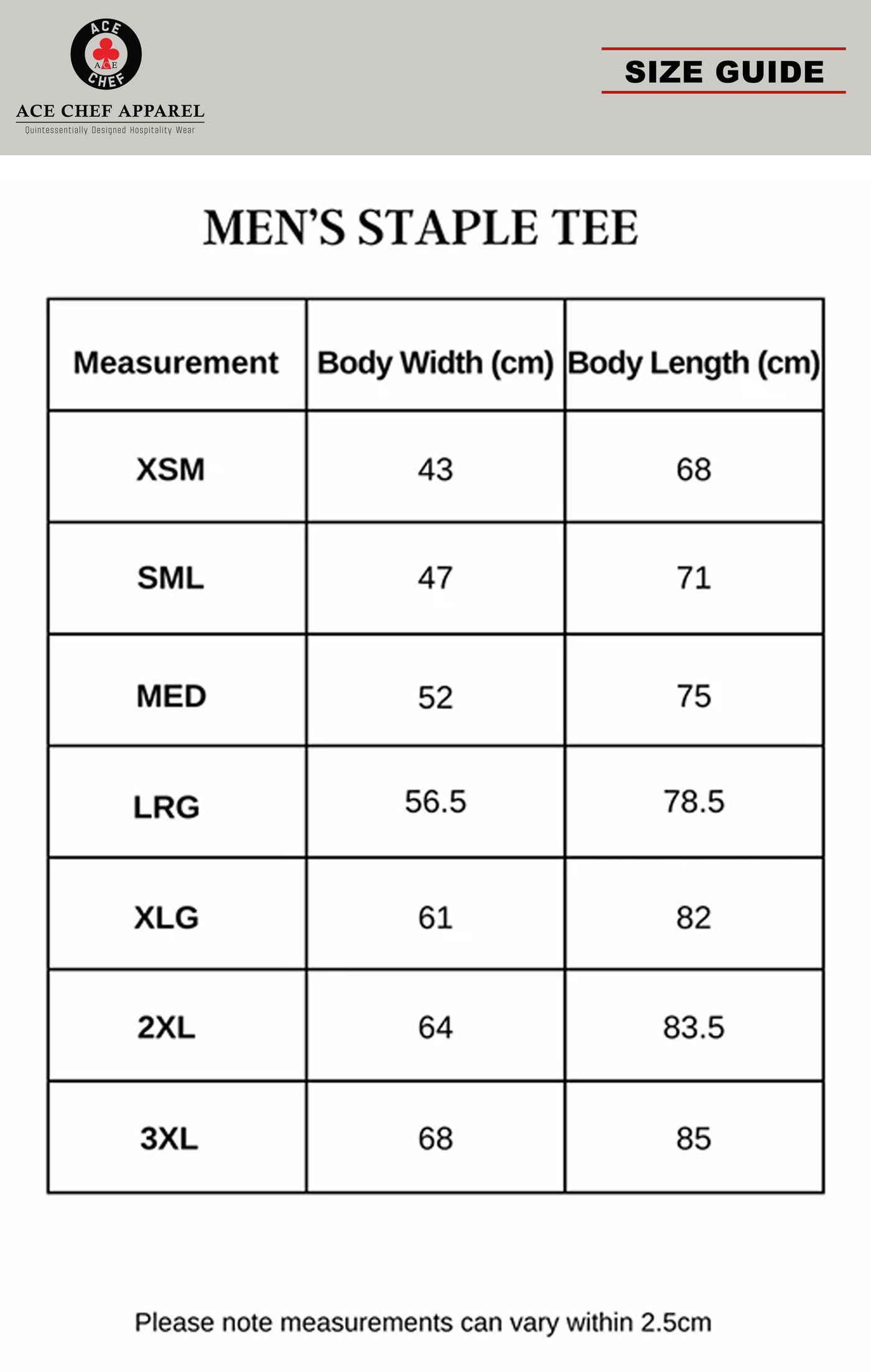 Mens Staple Tee - 33 Colours size guide