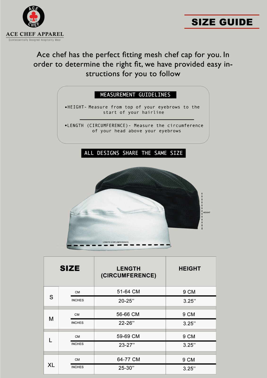 Vented Cool Breathable Mesh Chef Cap size guide