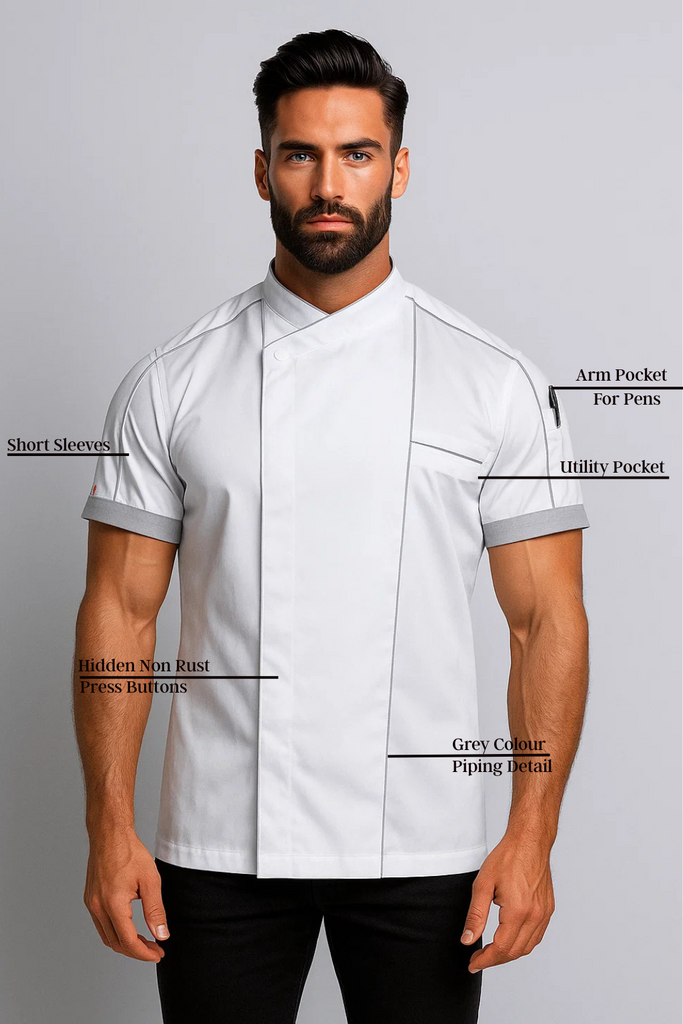 Bryan Chef jacket white with grey trim and coolvent - Ace Chef Apparels