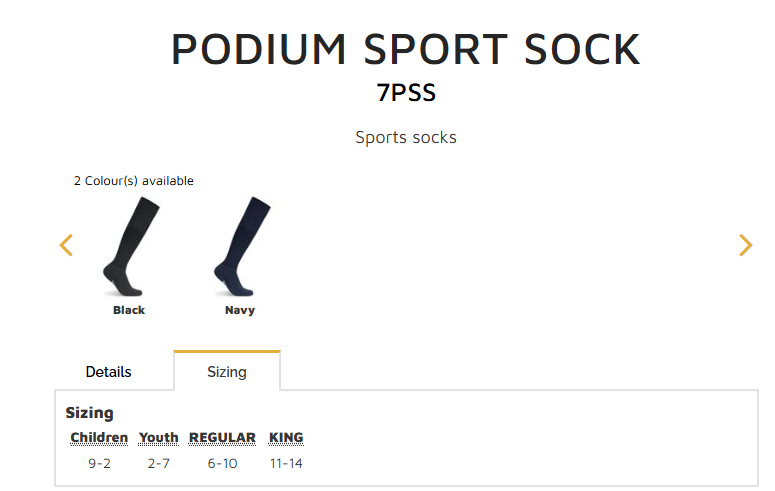 Podium Sport Sock for Children size guide