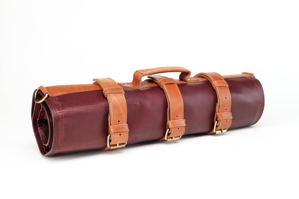 Leather Knife Roll- Bordeaux and tan - Ace Chef Apparels