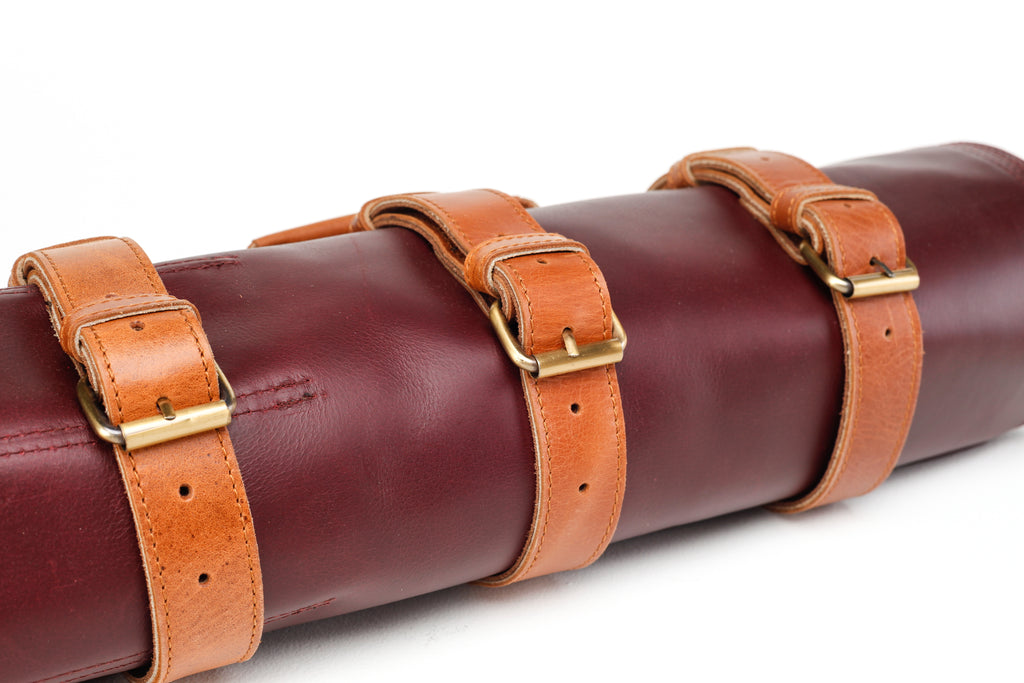 Leather Knife Roll- Bordeaux and tan - Ace Chef Apparels
