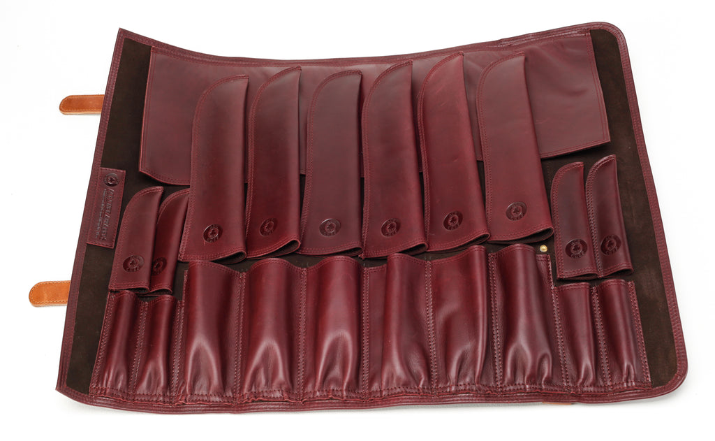 Leather Knife Roll- Bordeaux and tan - Ace Chef Apparels