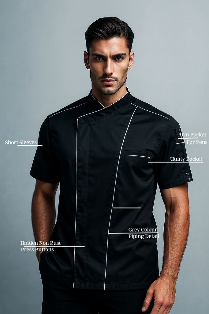 Bryan Chef Jacket Black with Grey Trim and Coolvent - Ace Chef Apparels