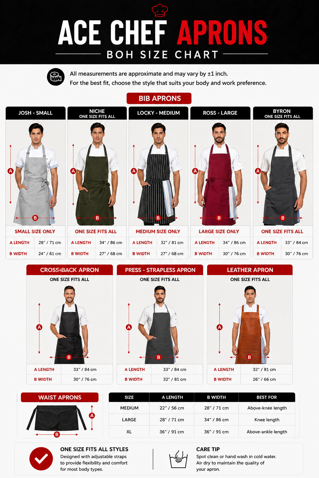 Niche Black Bib Chef Apron size guide