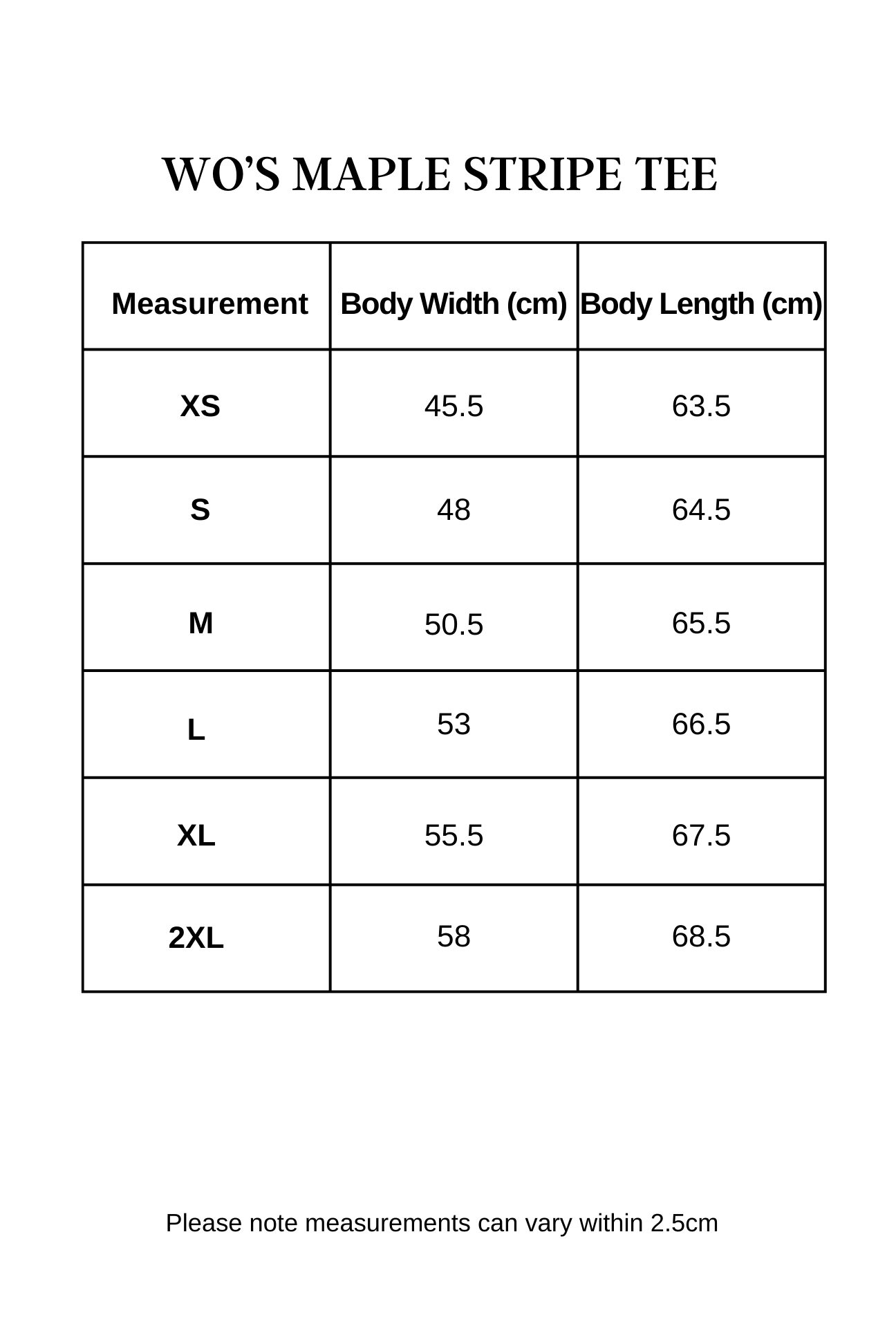 Women Maple Stripe Tee size guide