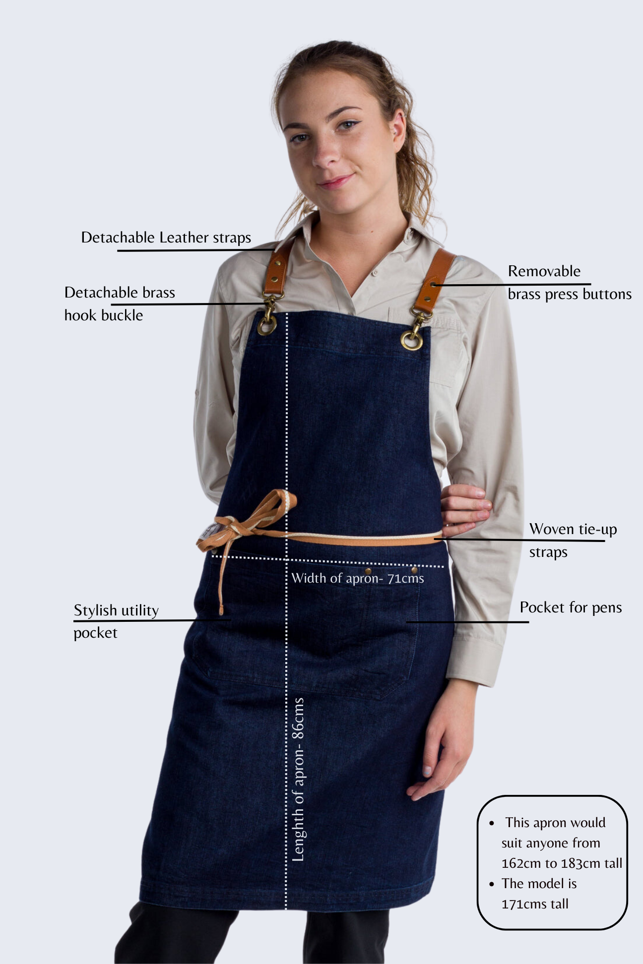 Blue Denim Bib Apron Cowhide Leather Straps - Little Tailor Studio