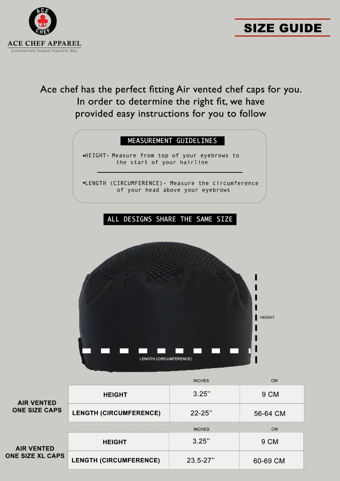Air Vented Chef Caps size guide