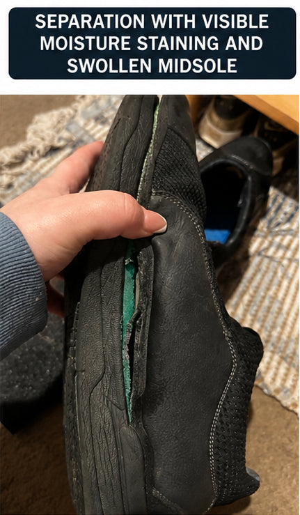 Separation with visible moisture staining and swollen midsole