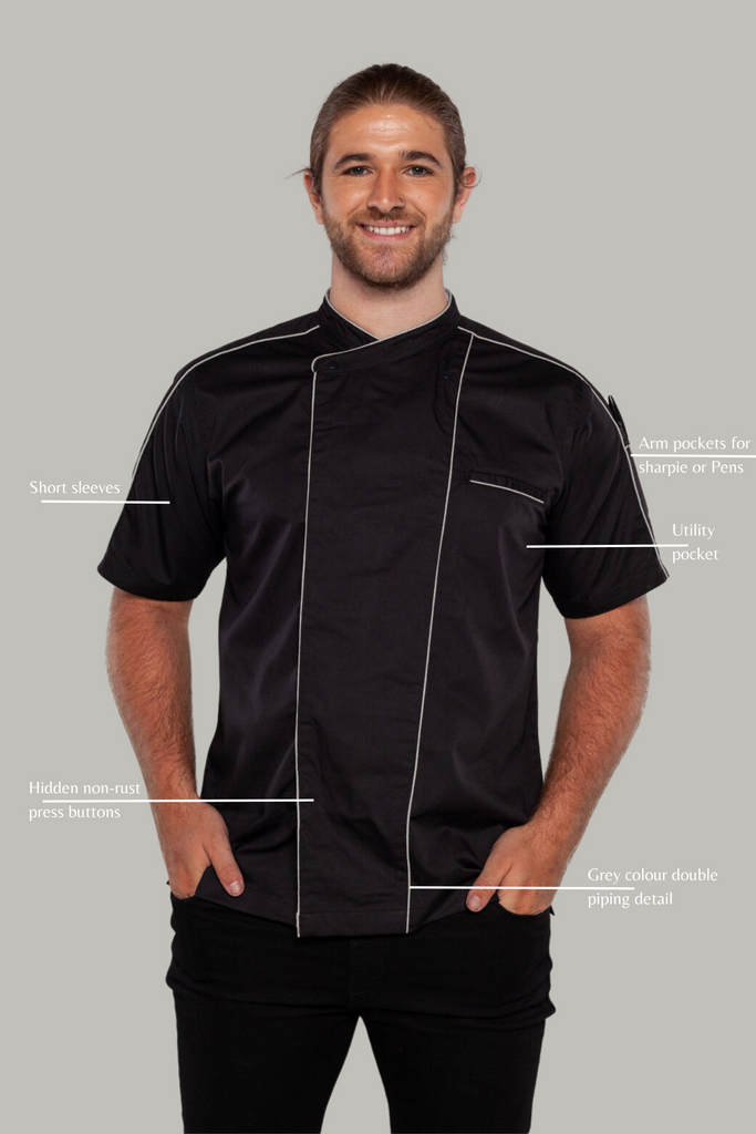 Bryan Chef Jacket Black with Grey Trim and Coolvent - Ace Chef Apparels