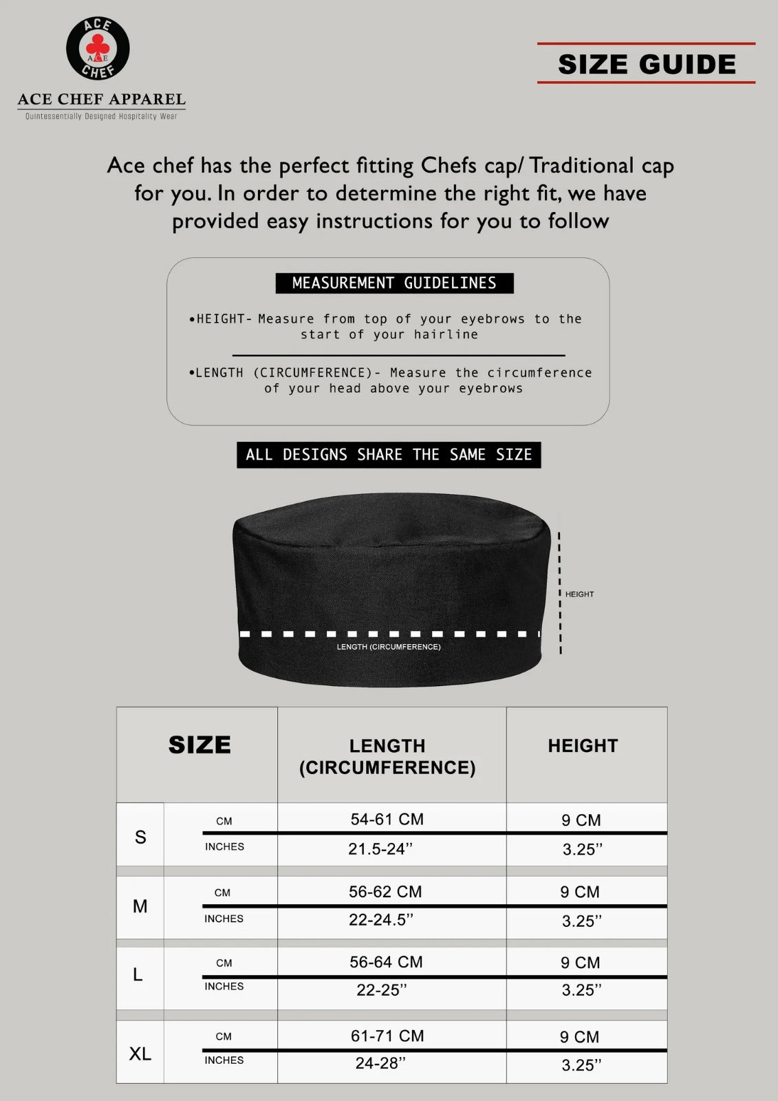 Chefs Cap size guide