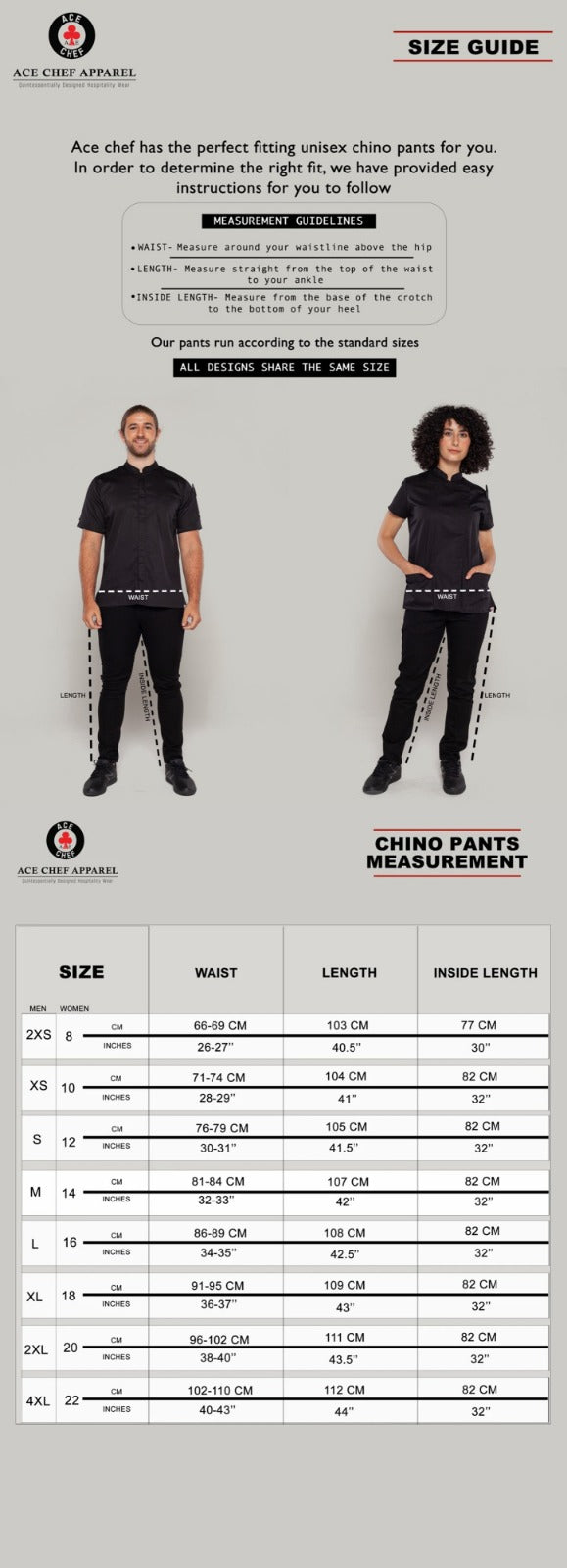 Chino Black Chef Pants size guide