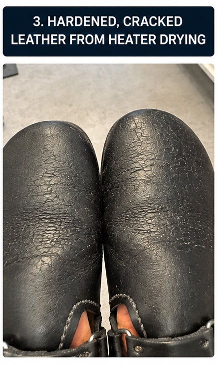 Hardened, cracked leather from heater drying