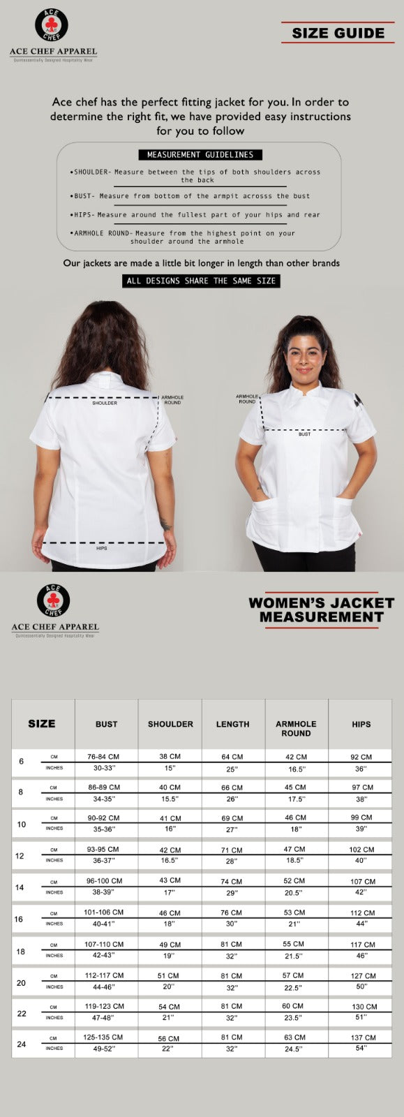 Mel Women’s 3/4 Sleeve Black Chef Jacket size guide