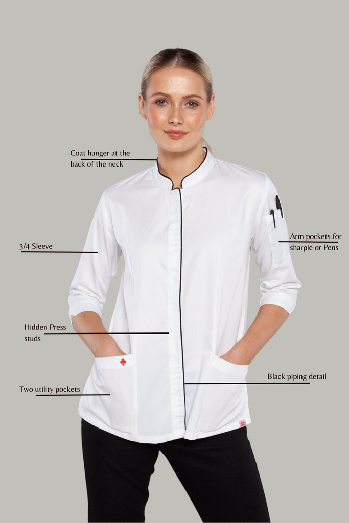 Mel 3/4 sleeves White women's chef jacket - Ace Chef Apparels