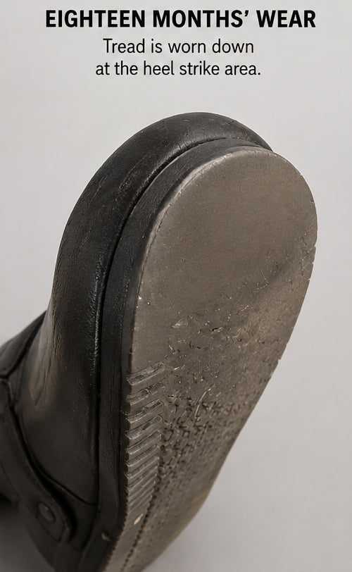 Eighteen months' wear — tread gone at heel strike