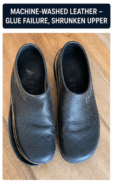 Machine-washed leather - glue failure, shrunken upper