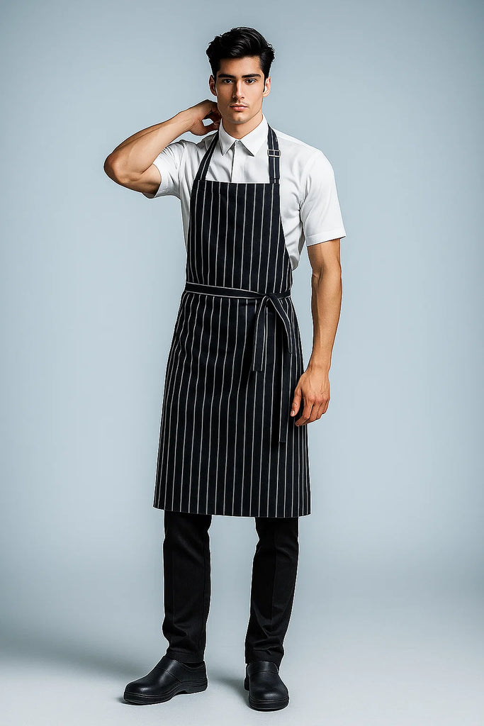 Sidney striped blue/white bib Chef Apron Large size no pocket - Ace Chef Apparels