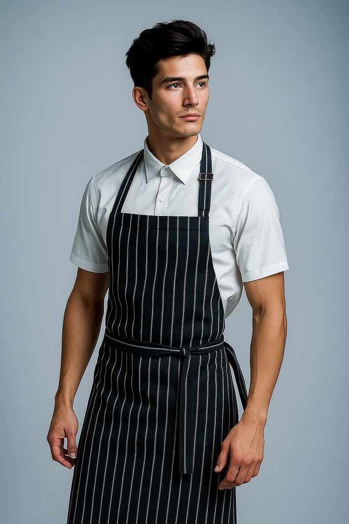Sidney striped blue/white bib Chef Apron Large size no pocket - Ace Chef Apparels
