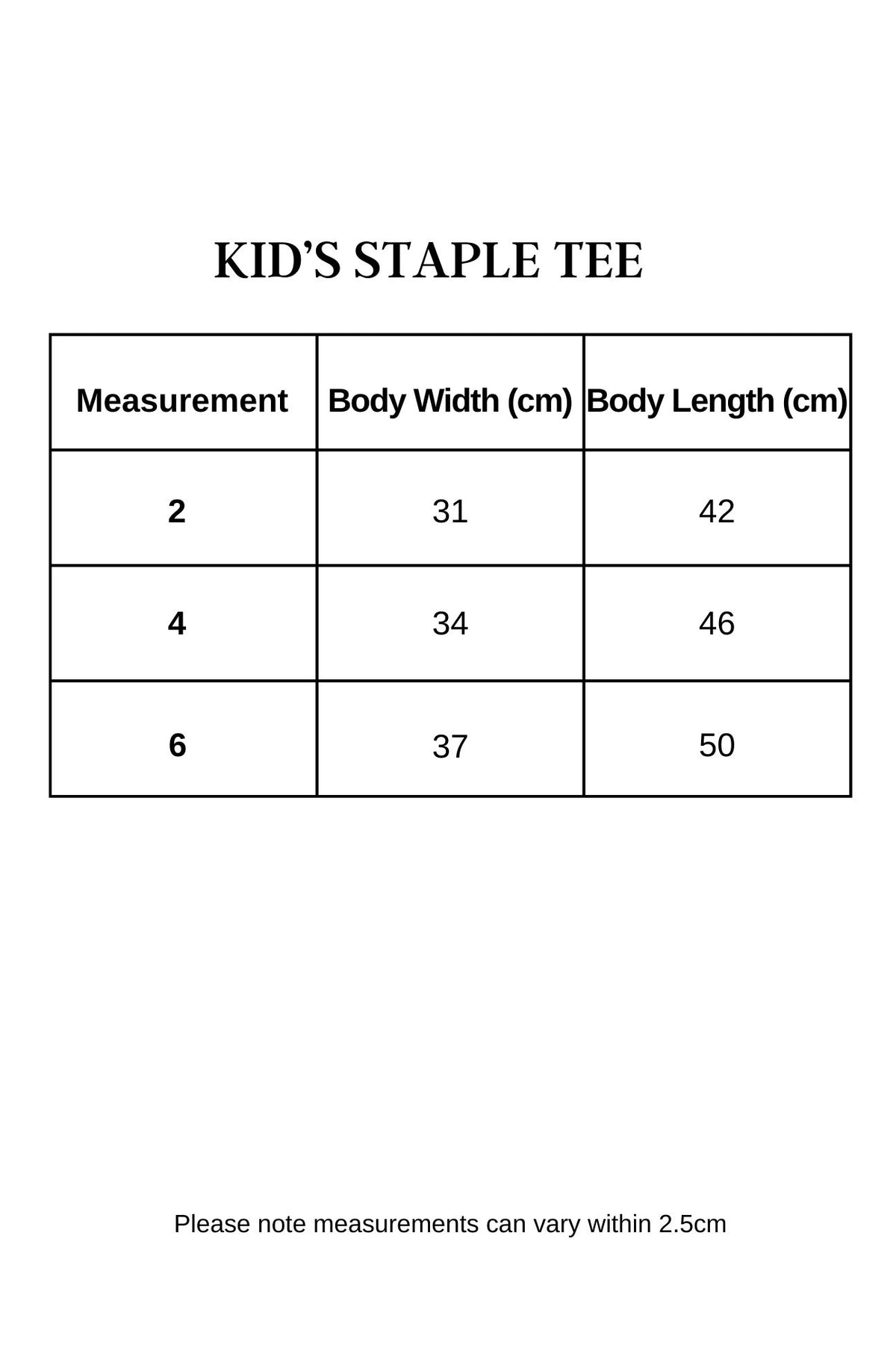 Kid's Staple Tee size guide