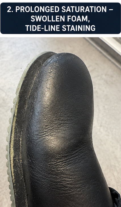 Prolonged saturation — swollen foam, tide-line staining