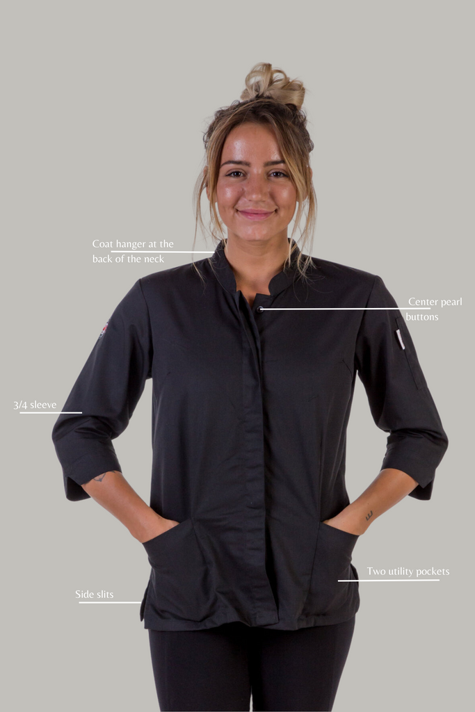 women's chef jacket black 3/4 Sleeve - Ace Chef Apparels