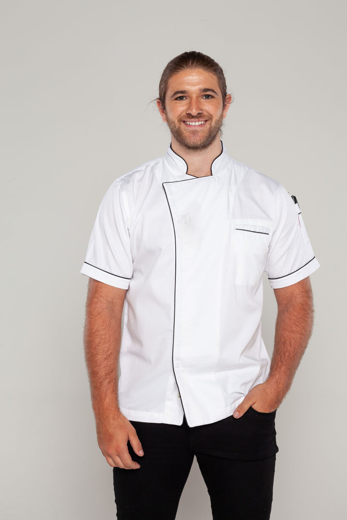 white chef jacket with black trim 