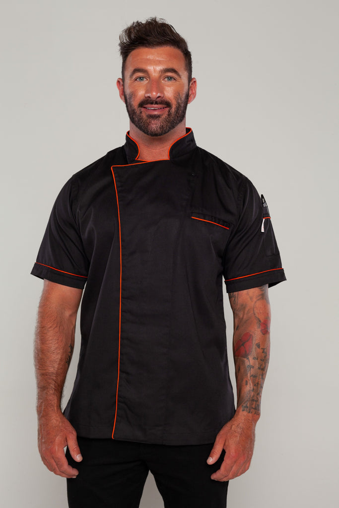 black gazi chef jacket with orange trim