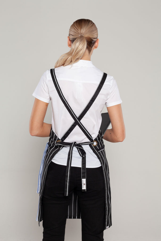 CROSSOVER CAFE APRONS BLACK WHITE STRIPES 