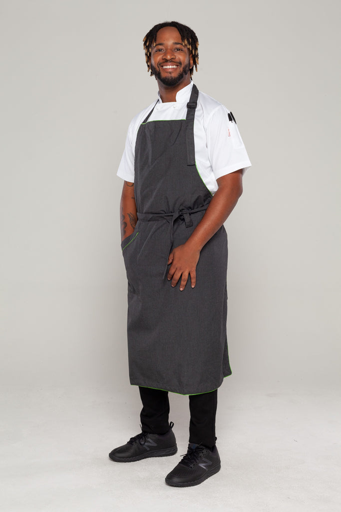 Niche Charcoal Grey with green trim bib Chef Apron (Slightly Flawed but big savings read description) - Ace Chef Apparels
