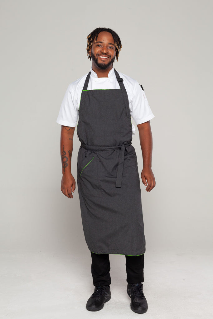 Niche Charcoal Grey with green trim bib Chef Apron (Slightly Flawed but big savings read description) - Ace Chef Apparels