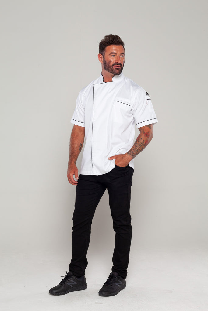 chef jacket with black trim and cool vent