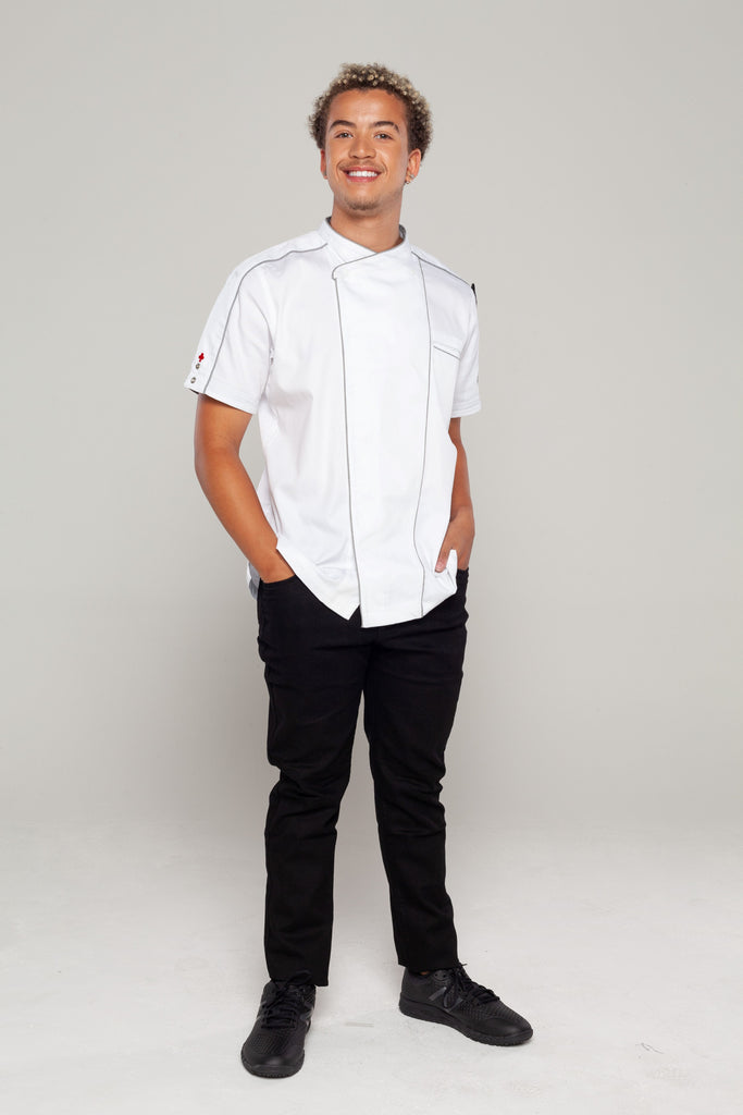 chef posing for a chef jacket white colour chef jacket 